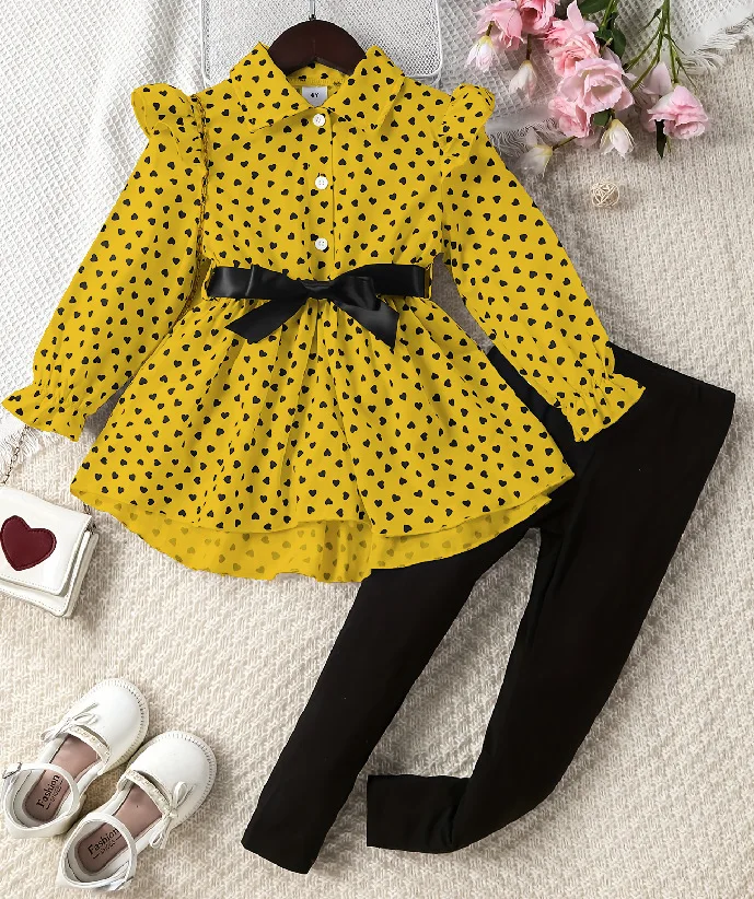 2024 Spring Autumn Fashion Hot Selling Children Clothing Love Print Lapel Top Tight Pants 2Pcs Wholesale Girls clothing sets