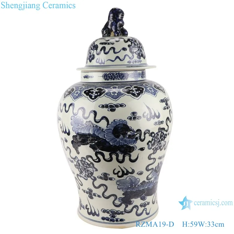 RZMA19-A-B-C-D-E-F  Antique Porcelain Fish  Grass, Dragon , Unicorn Ancestor pattern Chinese blue and white ginger jar