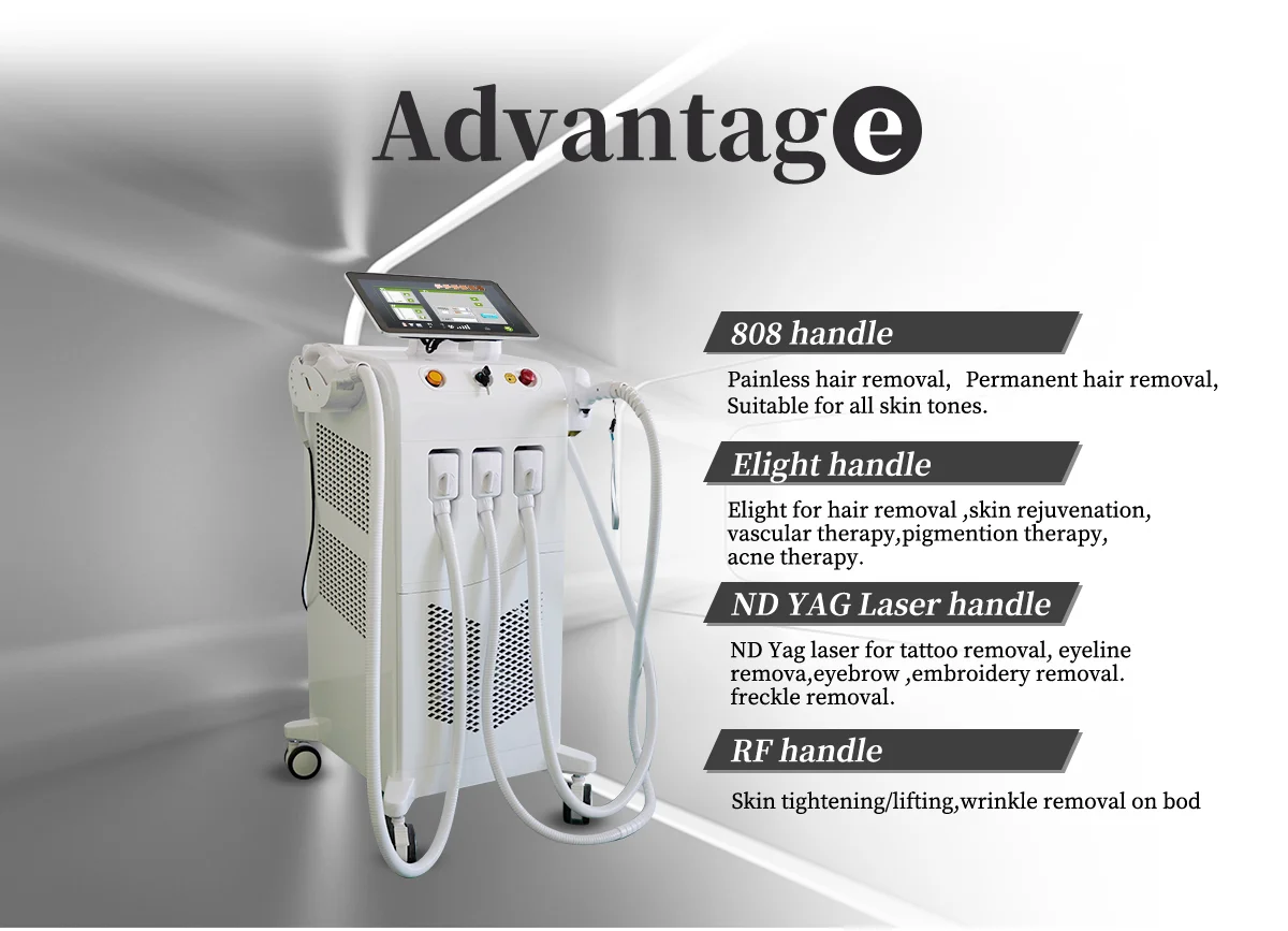 808CE approved 4 in 1 multifunction beauty machine IPL+RF+Nd Yag+ alexandrite diode laser hair removal