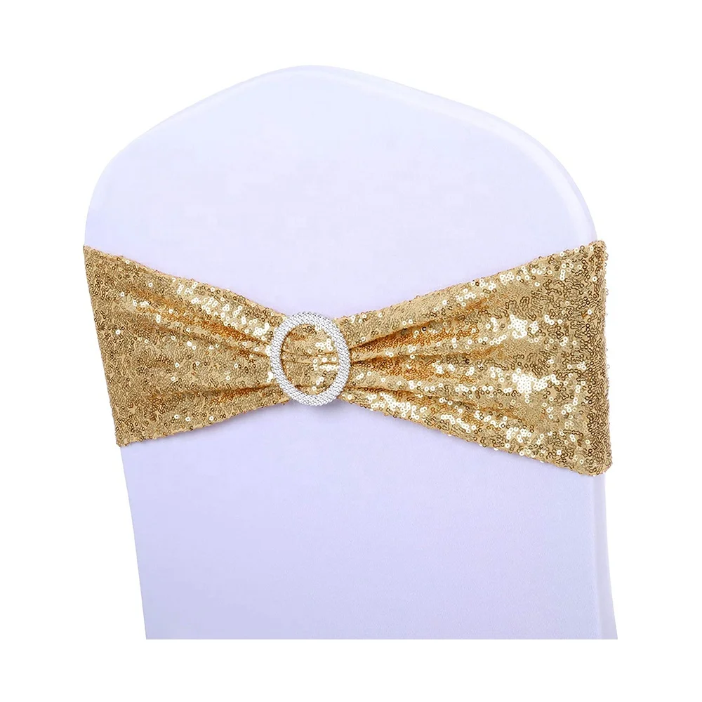 good price universal wedding event Stretch Spandex Bands shiny gold sequin chair sash