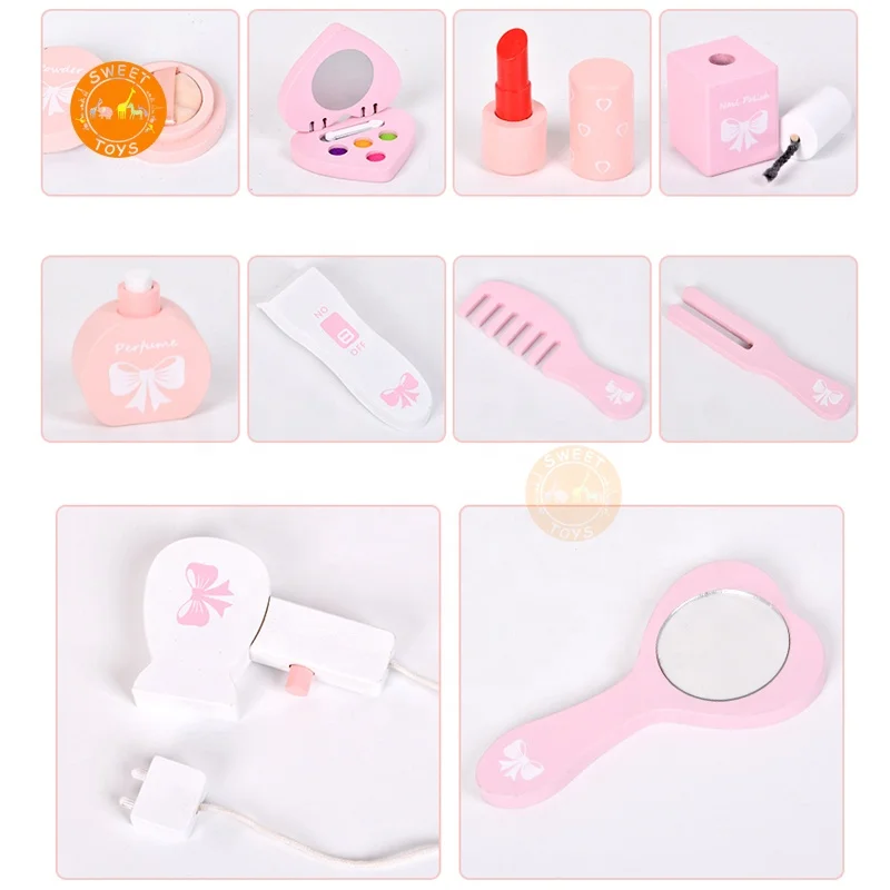 Wood Makeup Dressing Table Toy  Wooden Dresser  Role Play Toy  Princess Cosmetics Gift Set for Girls
