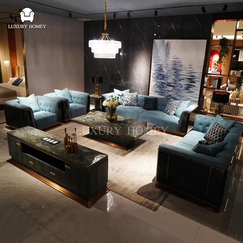 Italian Modern Blue Sofa Set Wooden Furniture Luxury Living Room Sofas Sectional Couches Fabric Velvet Sofa Set For Lounge Room