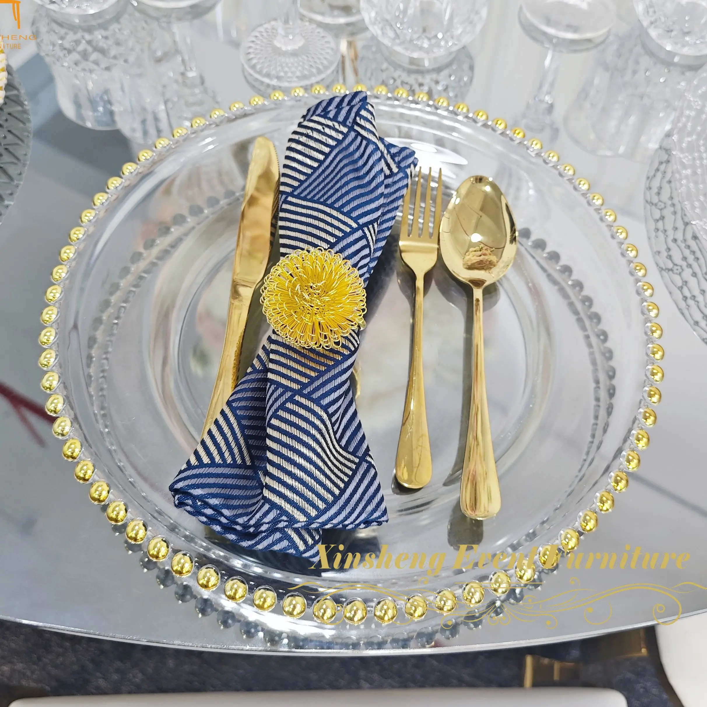 Factory Price Transparent Dinner Plate Glass With Gold Rim Beaded Party Events Banquet Wedding Tableware