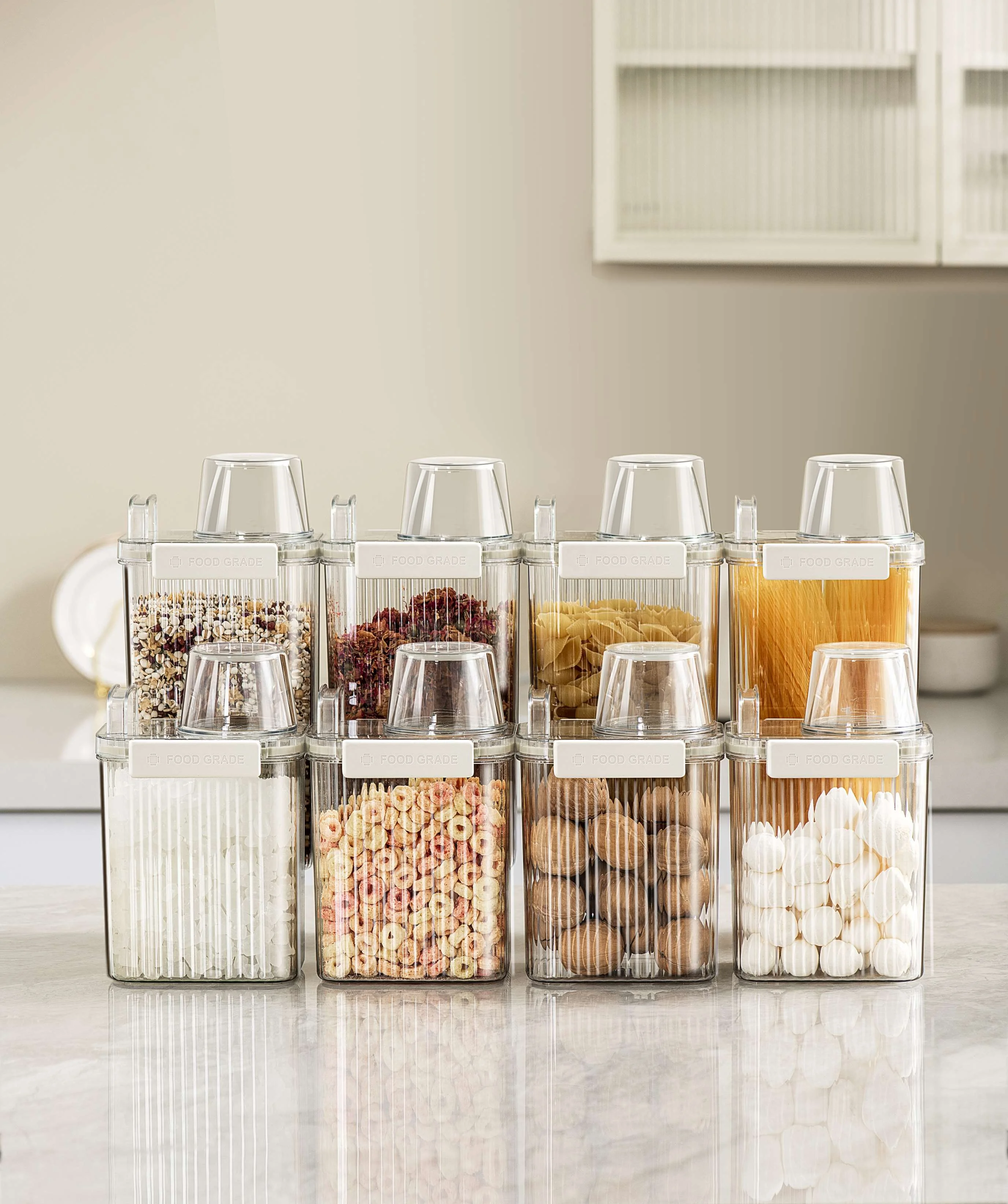 Multifunctional Rectangle Kitchen Cabinet Storage Organizer with Measuring Cup Plastic Food Jar Container tea storage Canister