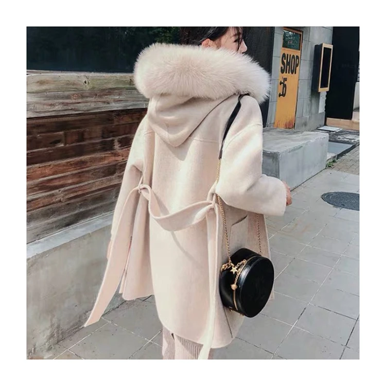 10% alpaca ladies women hooded jacket loose size winter white wool cashmere fox fur coat with belt