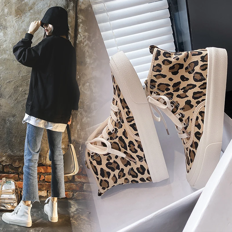 
2021 fashion sneakers leopard print casual canvas flat women shoes high top for girls women 