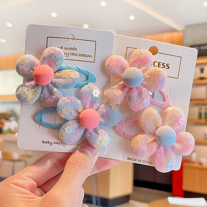 2 Pcs/set Sequins Flower Hair Clips Sweet Children Colorful Sequin Flowers Hairpins