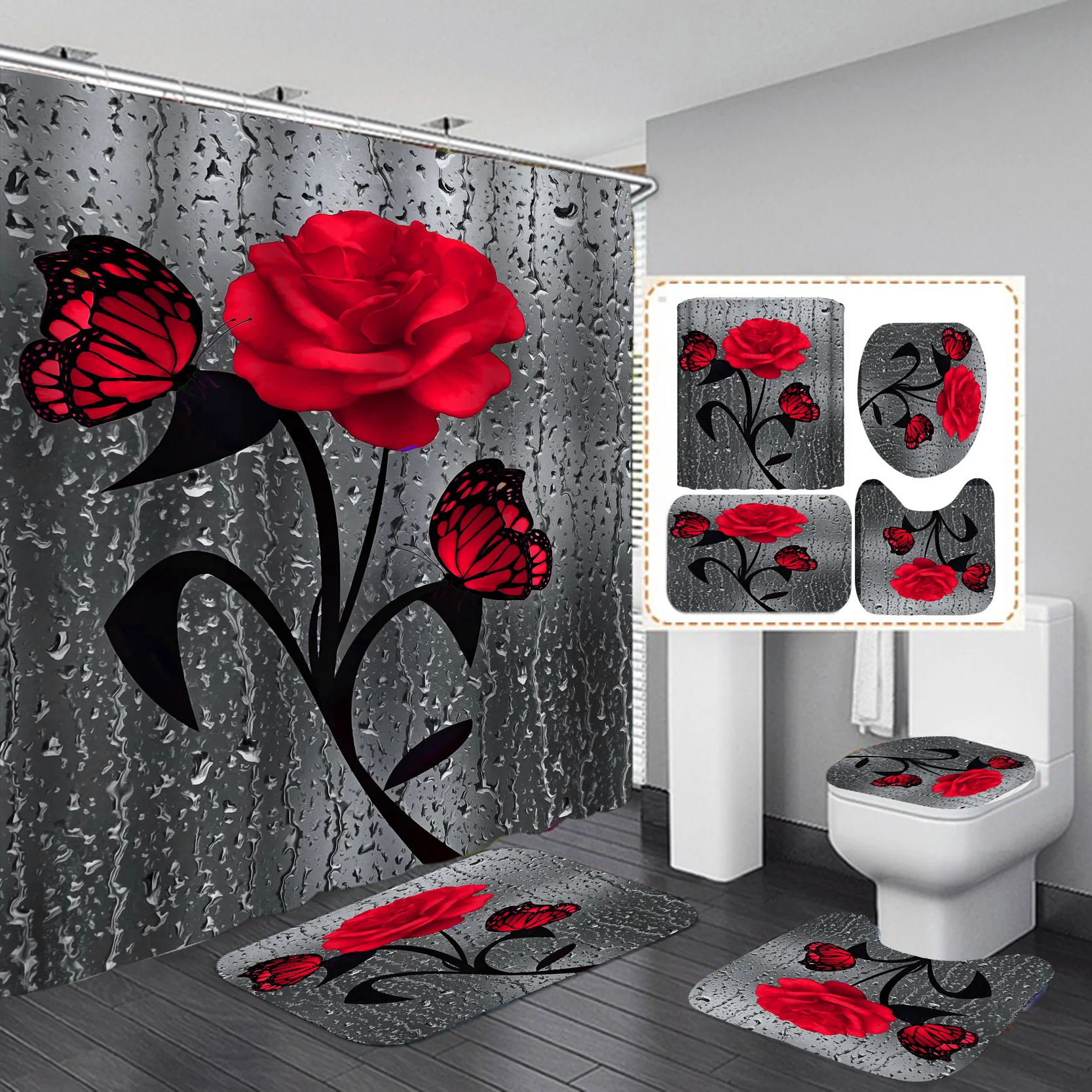 Bathroom Flower Design Rose 3D Print Waterproof 100% Polyester Shower Curtain and Mats Set