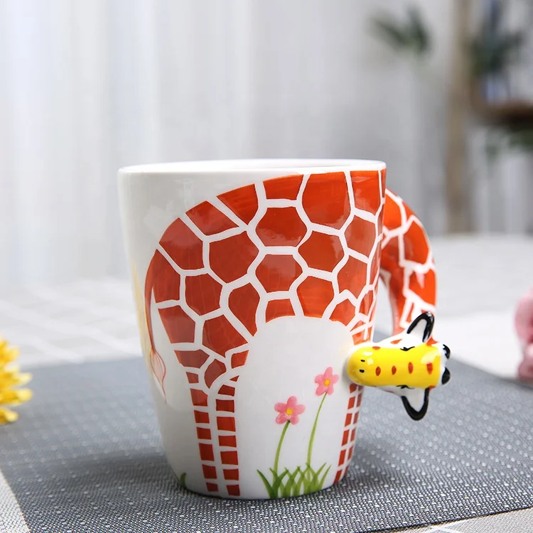 Custom lovely deer cartoon animal ceramic drinking mug with handle
