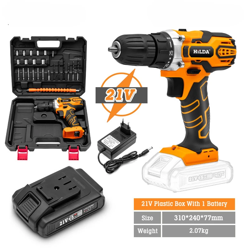 Electric Screwdriver Drill with Li-ion Baterry Cordless Power Drill Kit Tools 21V High Quality Electric Drill Machine