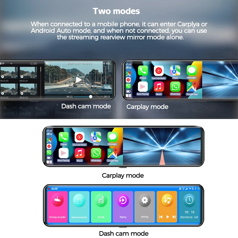 3 Cameras Dash Cam Carplay Android Auto 2.5k car dvr 1440P Rearview Mirror Video Recording WIFI
