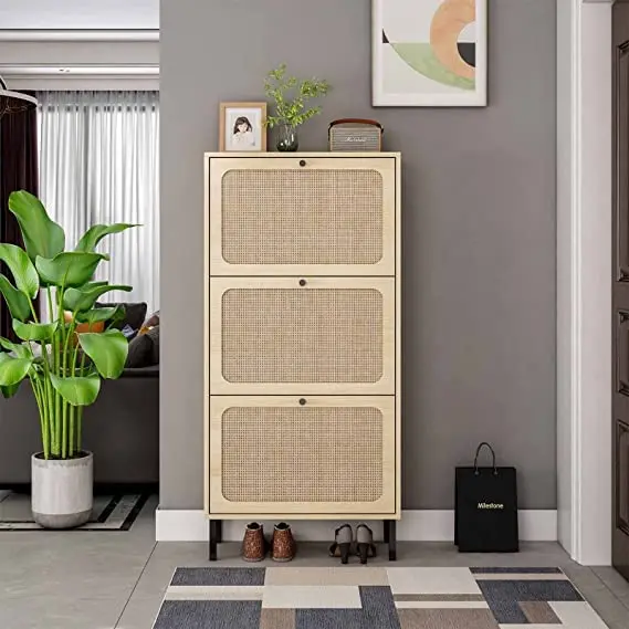 Rattan Shoe Cabinet with 3 Flip Drawers Metal Door Narrow Shoe Storage Cabinet for Entryway