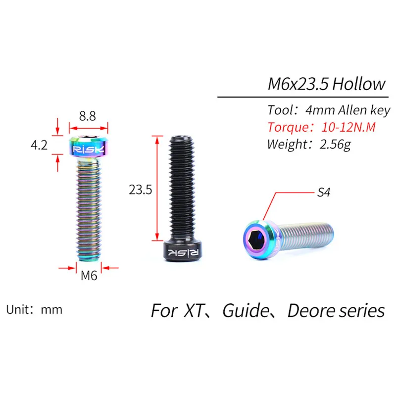 2pcs Risk MTB Bike Disc brake Caliper Bolts Titanium Alloy M6*23.5mm Bicycle Screws Hollow for SHIMANO DEORE XT and SRAM GUIDE