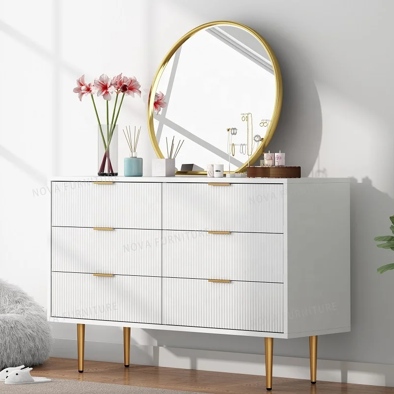 NOVA Home Interior White MDF 6-drawer Wide Dresser Accent Chest Of Drawers With Golden
