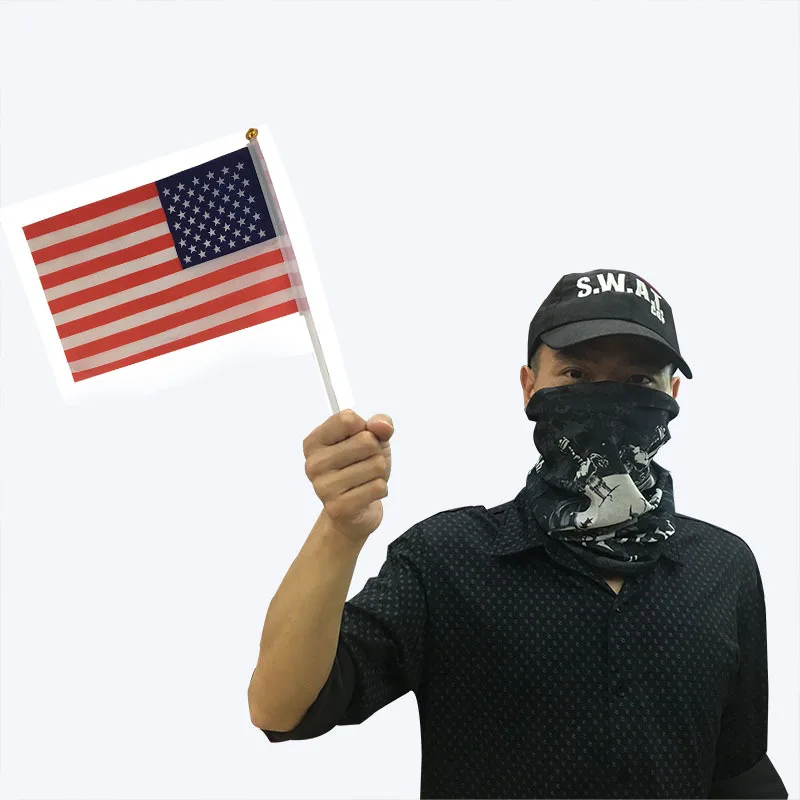 Polyester cloth screen printing No. 8 American hand flag with plastic flagpole 14*21cm hand flag