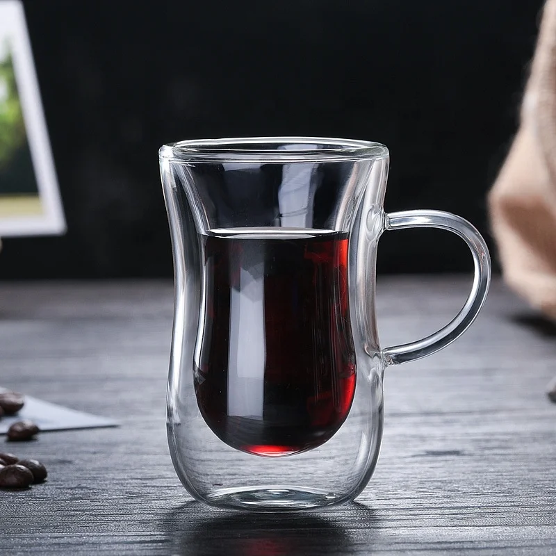Wholesale Customized Logo Large 80ml Clear  Double Wall Glass Coffee Tea Cups Mugs With Handle
