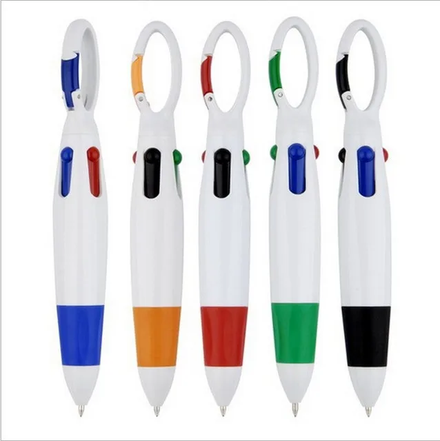 customized Fat multi-color Four 4 color ink Carabiner ballpoint pens with rubber grip,black blue green red 4 in 1 color ball pen