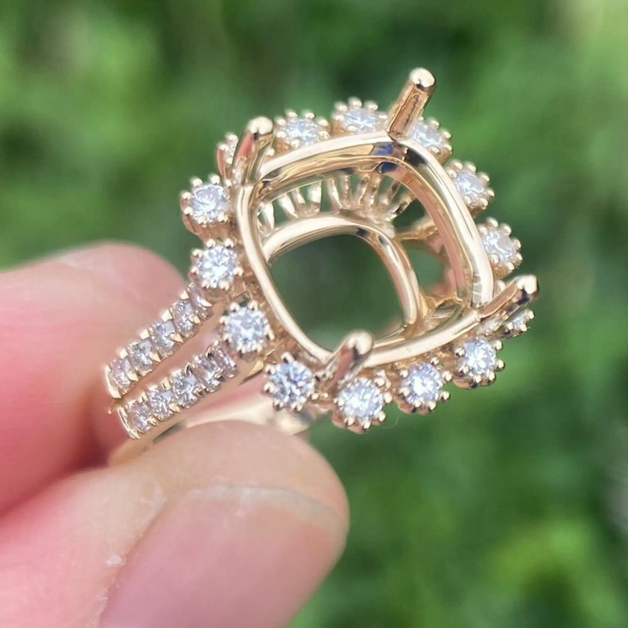 Solid 14K Yellow Gold 10X10MM Cushion Cut Semi Mount Ring Engagement Ring Halo Diamond Ring