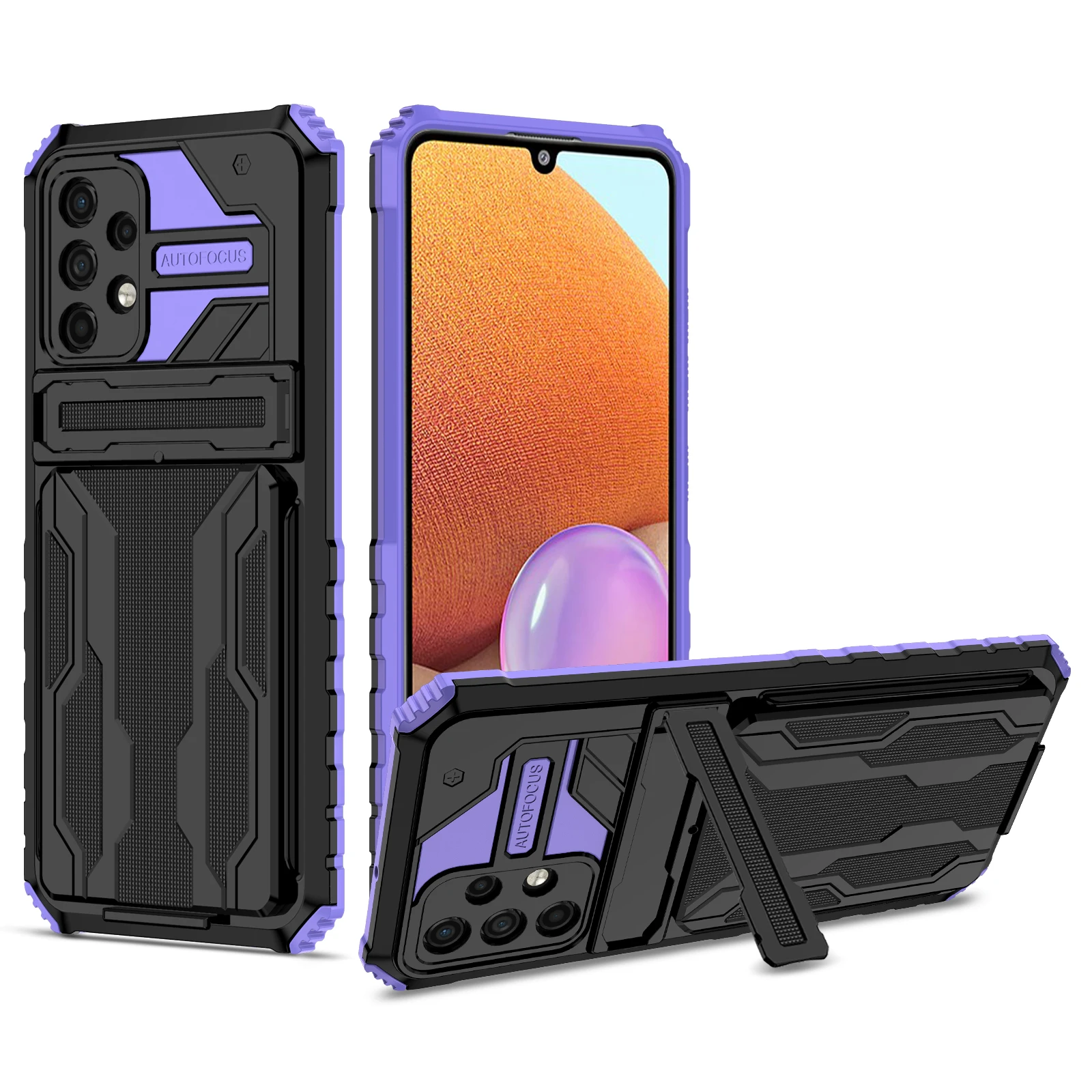 Slide Wallet Credit Card Slot Hybrid 2 in 1 PC TPU Slim Armor Shockproof Kickstand Phone Case for Samsung Galaly A32 4G