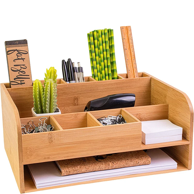 Classic Bamboo Square Desk File Organizer Customizable Office Organizer for Supplies and Accessories with Lacquer Technics