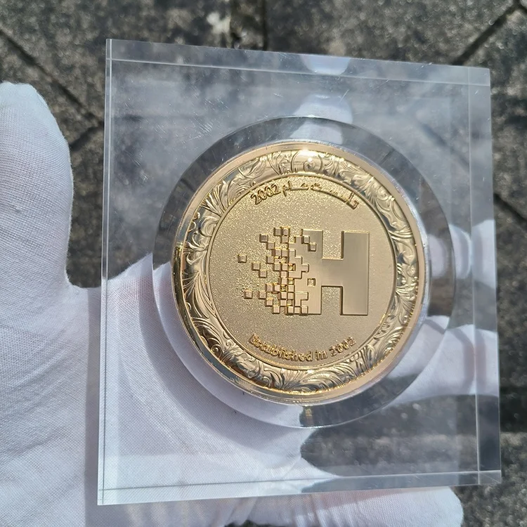 Company logo Acrylic Holder Middle East Arabic  Custom Metal Coin Award Trophy