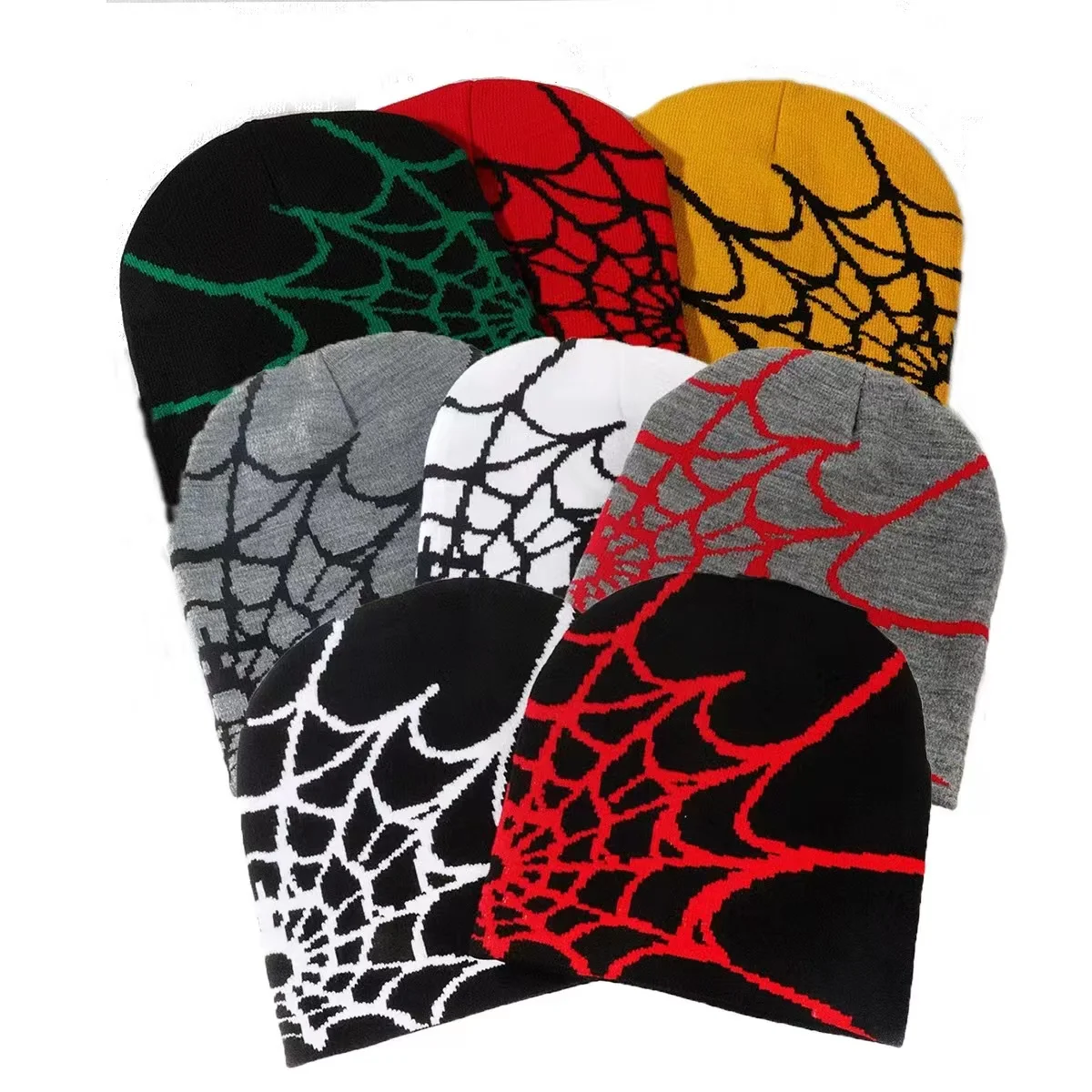 y2k skull hat customized candy color cap letter jacquard knitted  custom manufacturer Warm Spider Web Jacquard Beanie Hip Hop me