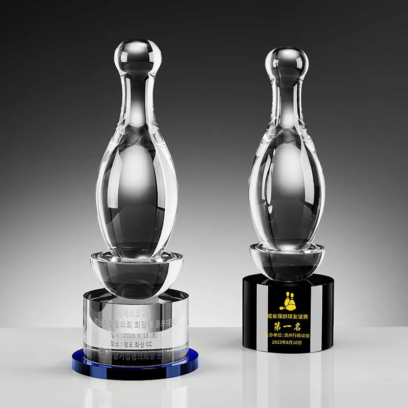 Custom hot sale luxury transparent bowling pins ball Trophy Cup Metal Sports Award glass crystal Bowling Trophy with holder