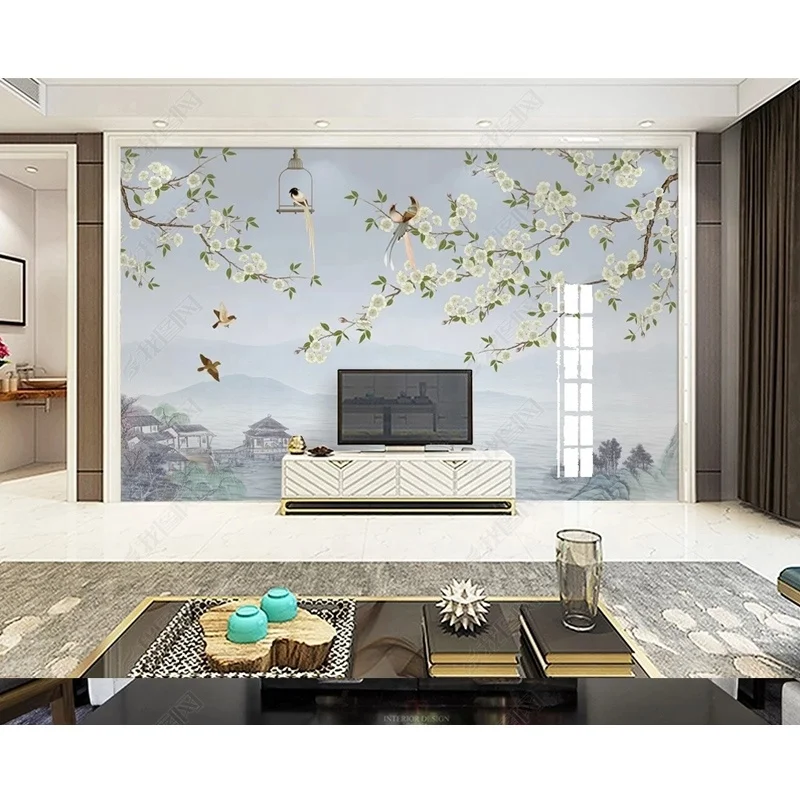 Customized HD Hot Sale Spring River Flower and Bird Picture Living Room TV Background Wallpaper