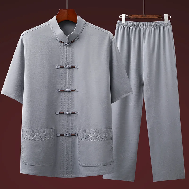 Ecowalson Men Hand Button Tang Suit Shirt Pants Cotton And Linen Vintage Mandarin Collar Tai Chi Kong Fu Clothing Long Sleeve
