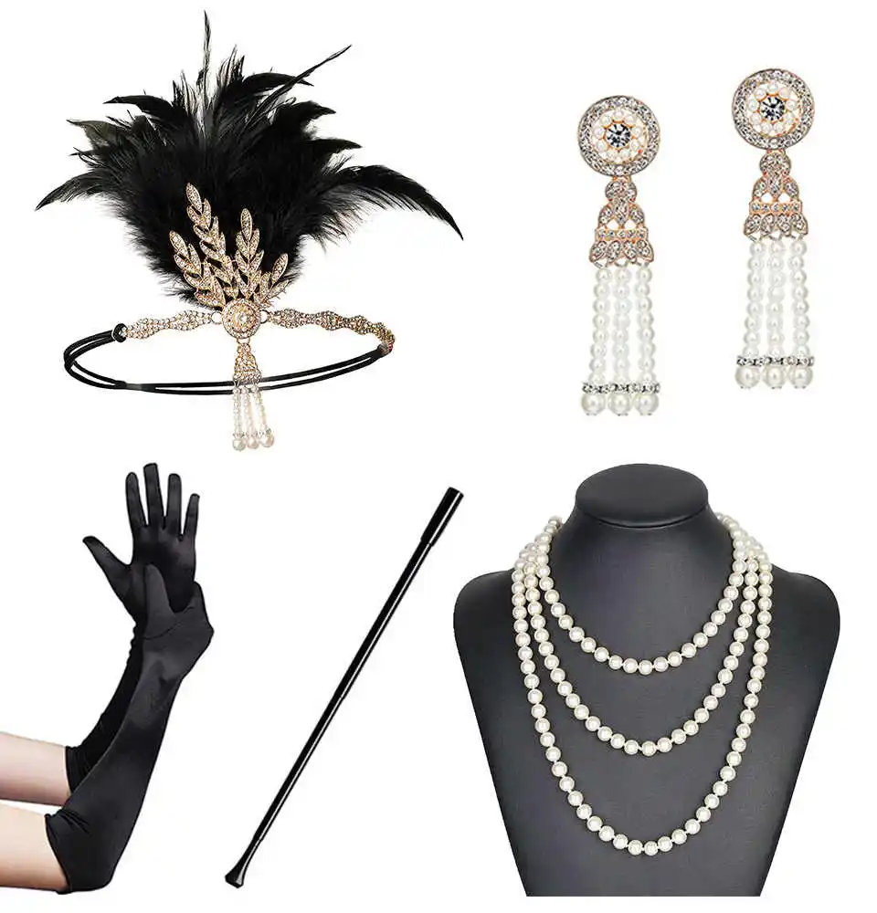 1920s accessories Vintage Headband Black Ostrich Feather Glove Cigarette Holder Flapper Headband Set