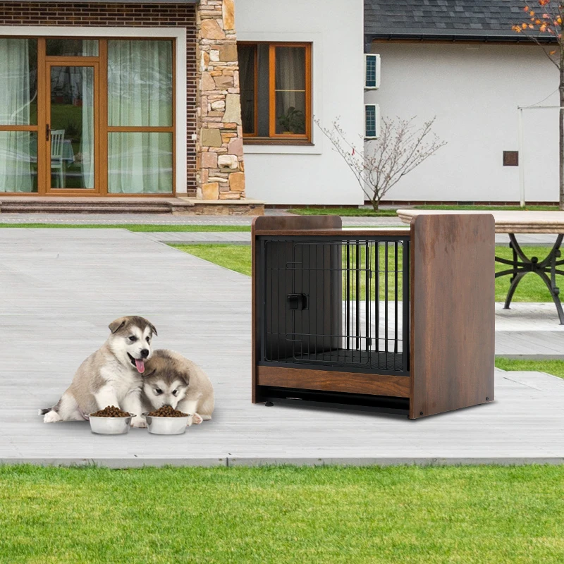 Modern Metal Wooden Cage For Pet End table Dog Crate Furniture With Tray