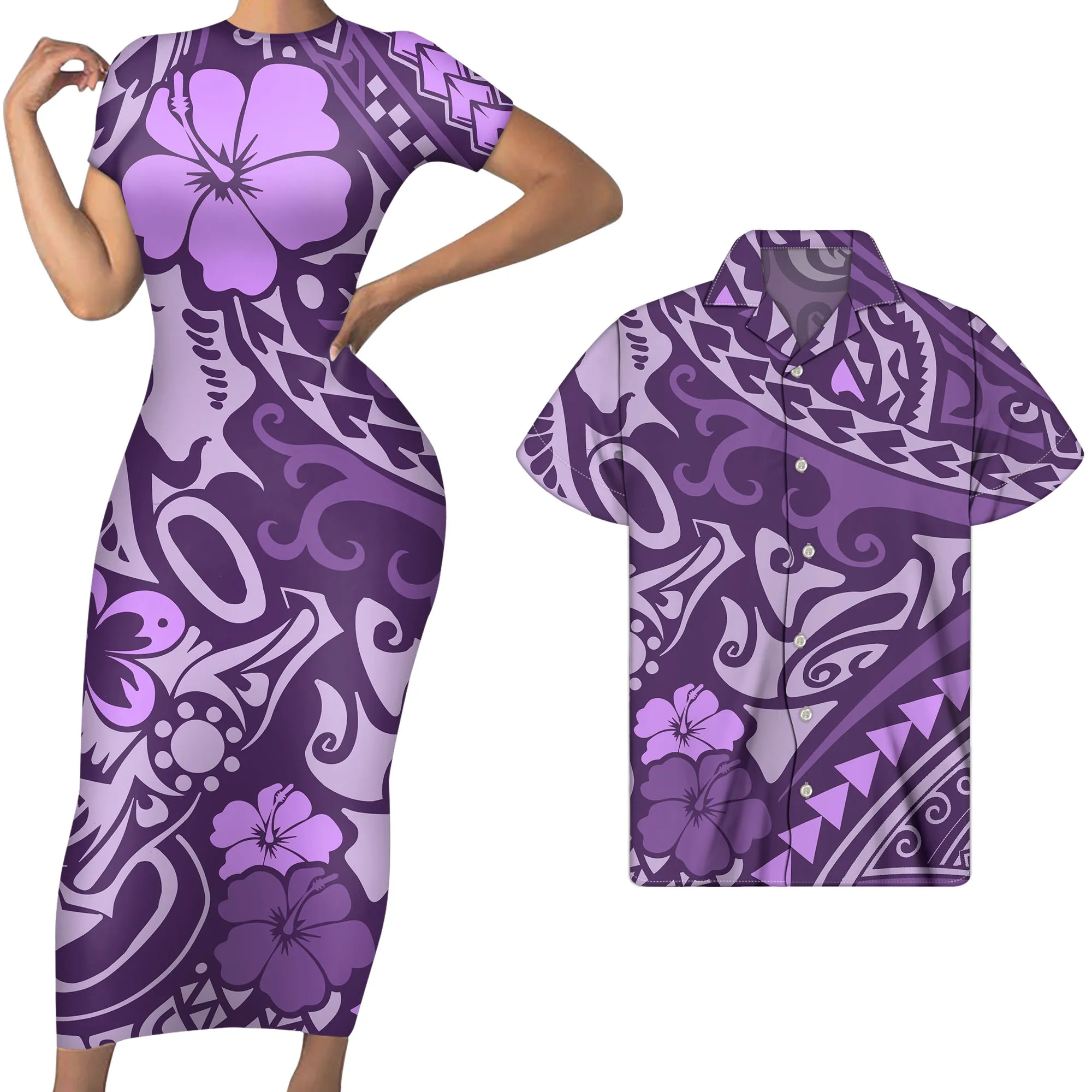 
big hibiscus design bangdage dress bodycon plus-size dresses matching summer beach men shirt custom couple clothing sets 