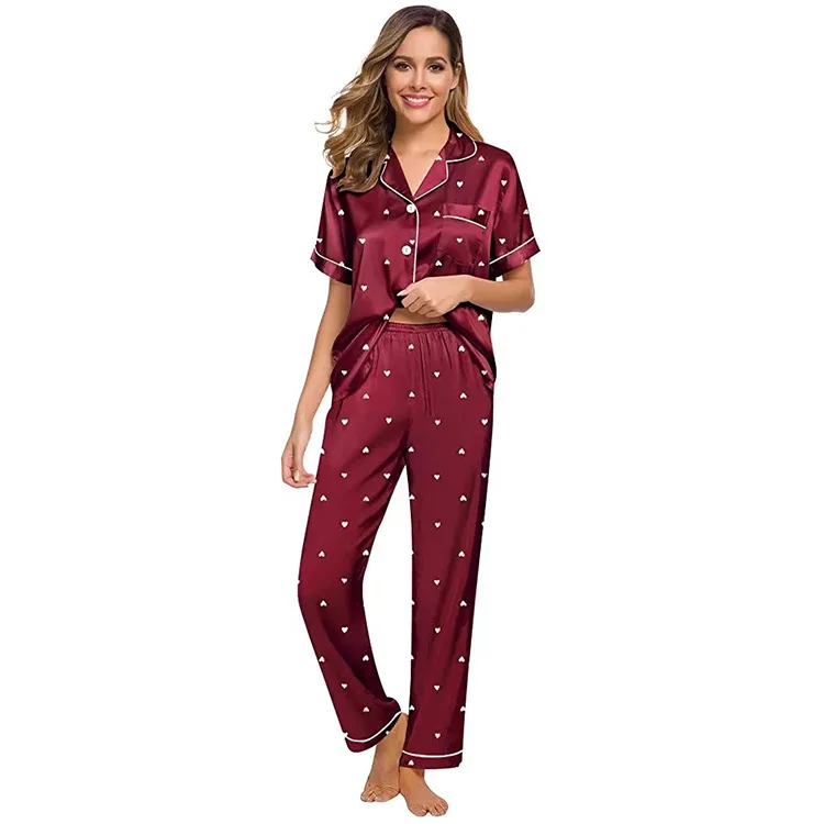 Woman Two-Piece Satin Pajamas Nightgown  Plus Size Satin Sleep Pajamas Red Love Set For Women
