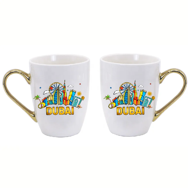 Dubai Stoneware Design Gold Handle Mug Attractive Dubai Souvenir Gift Elegant Stoneware Coffee Cup