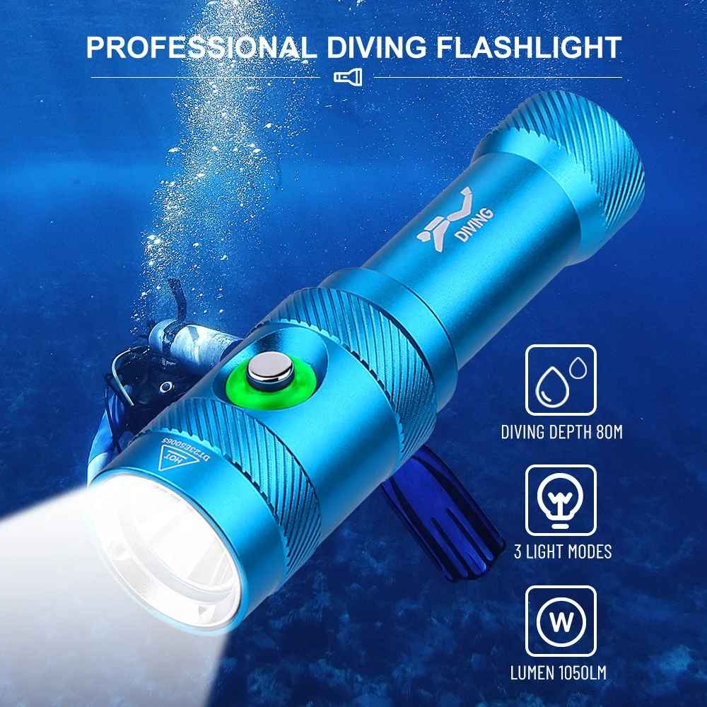 Scuba Diving Backup Flashlight Underwater Waterproof Dive Torch Light 18650 Rechargeable IPX8 Diving Lamp