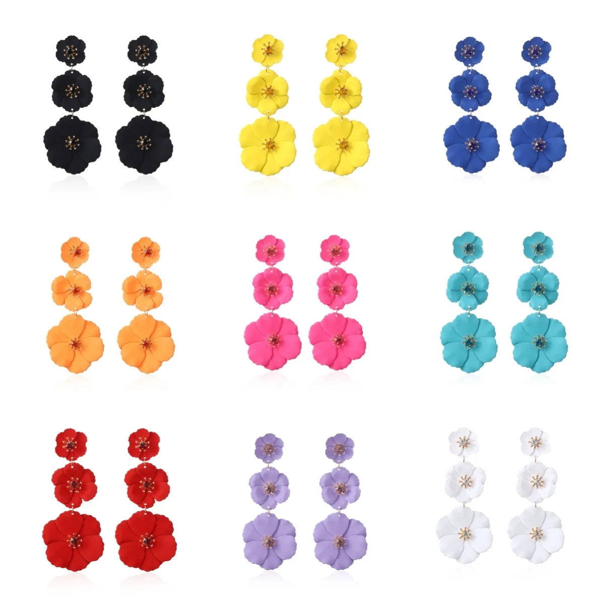 Luxury Women Floral Dangle Earrings Fashion Rhinestone Ear Studs Colorful Three Flower Earrings
