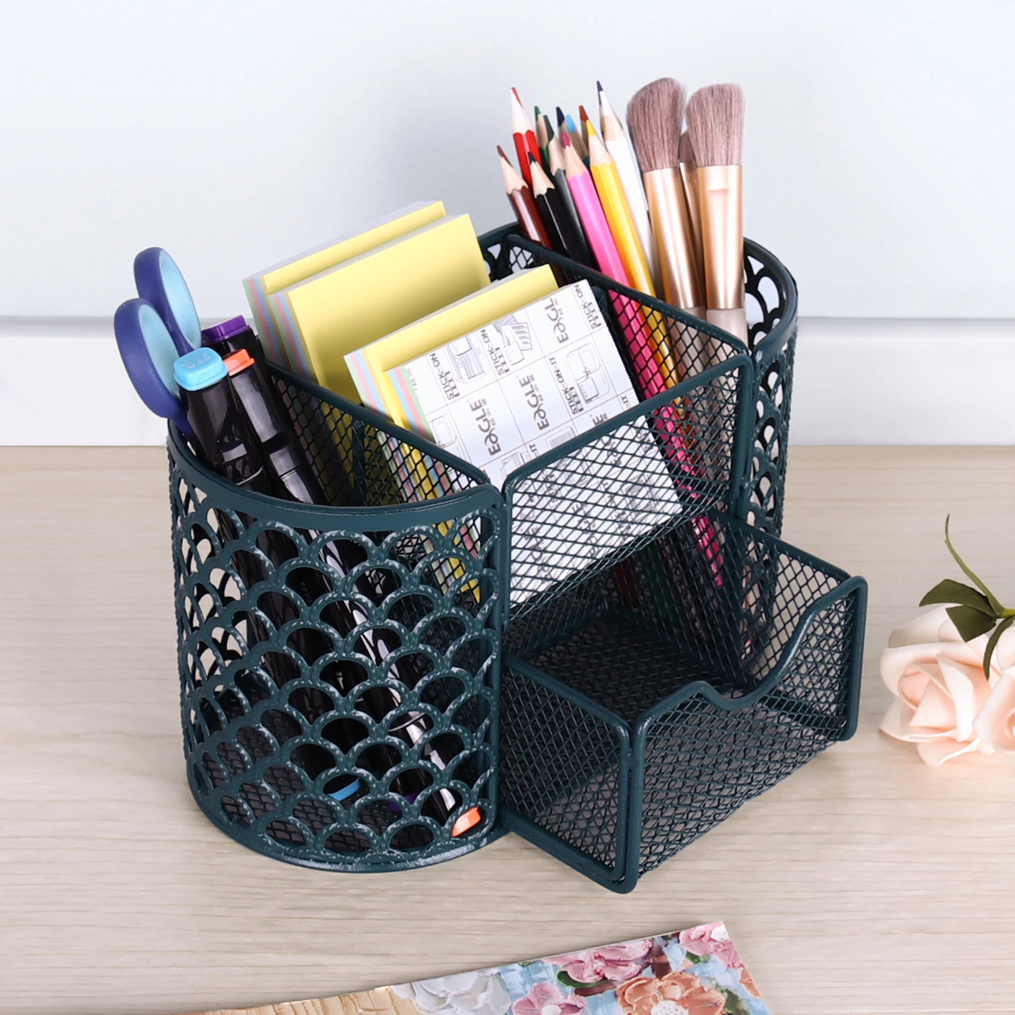 Hot sell 6 compartments mesh table rose gold desk organizer