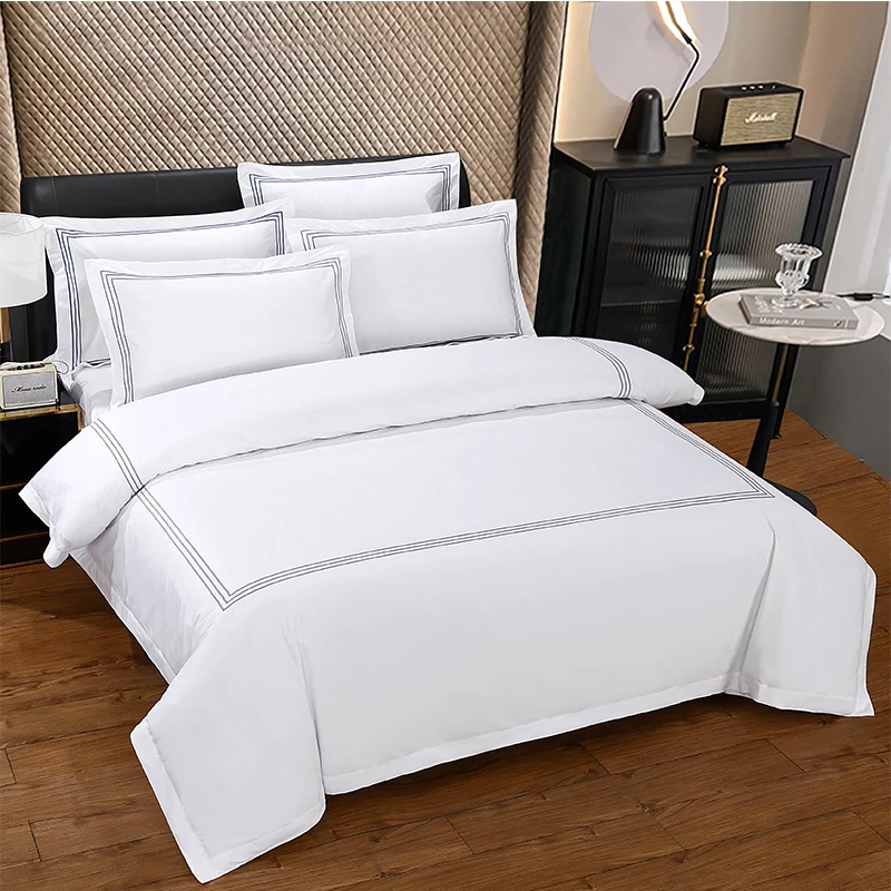 Hot sale cheap hotel linen white bedding set 100% cotton bed sheet soft bedsheets king size bed duvet cover sets embroidery