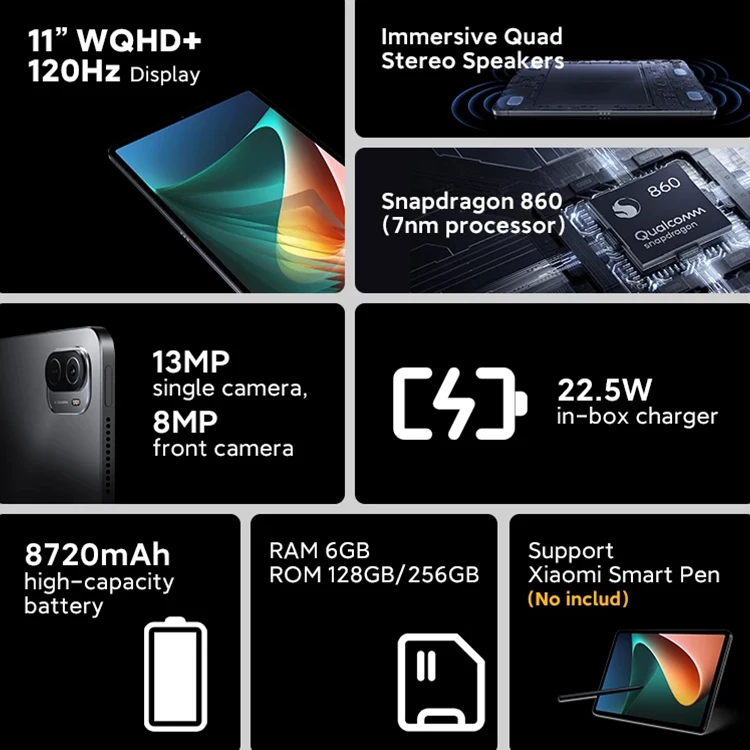 Оригинальные стереодинамики Snapdragon 860 6G 128G 11 дюймов 8720 мАч 5g 2K 33 Вт быстрая зарядка планшетный ПК Mi Pad pro Xiaomi