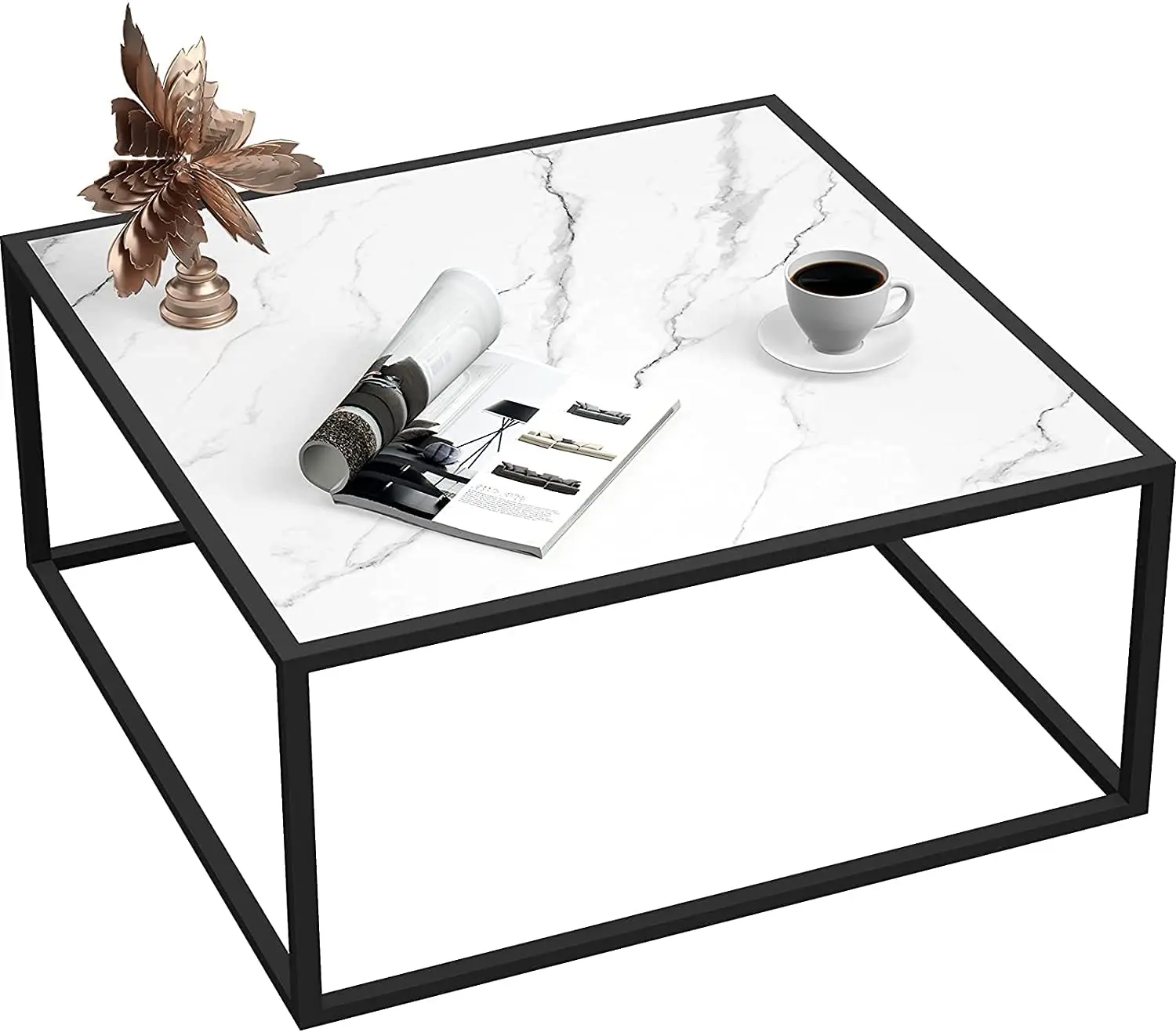Marble pattern black metal square coffee table