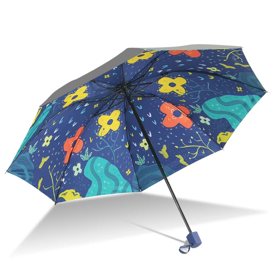 Newest Colorful China Amazing Customized Design Wholesale Printing 3 Folding Manual open Umbrella with Anti UV black coated