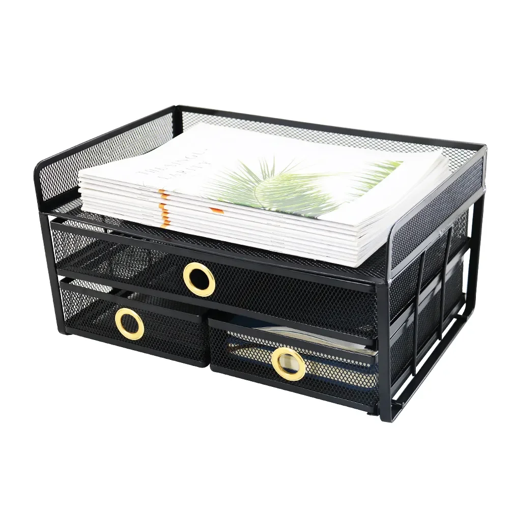 Office Desk Black Metal Wire Mesh 2 tiers Desktop file Organizer with 3 Sliding Drawers