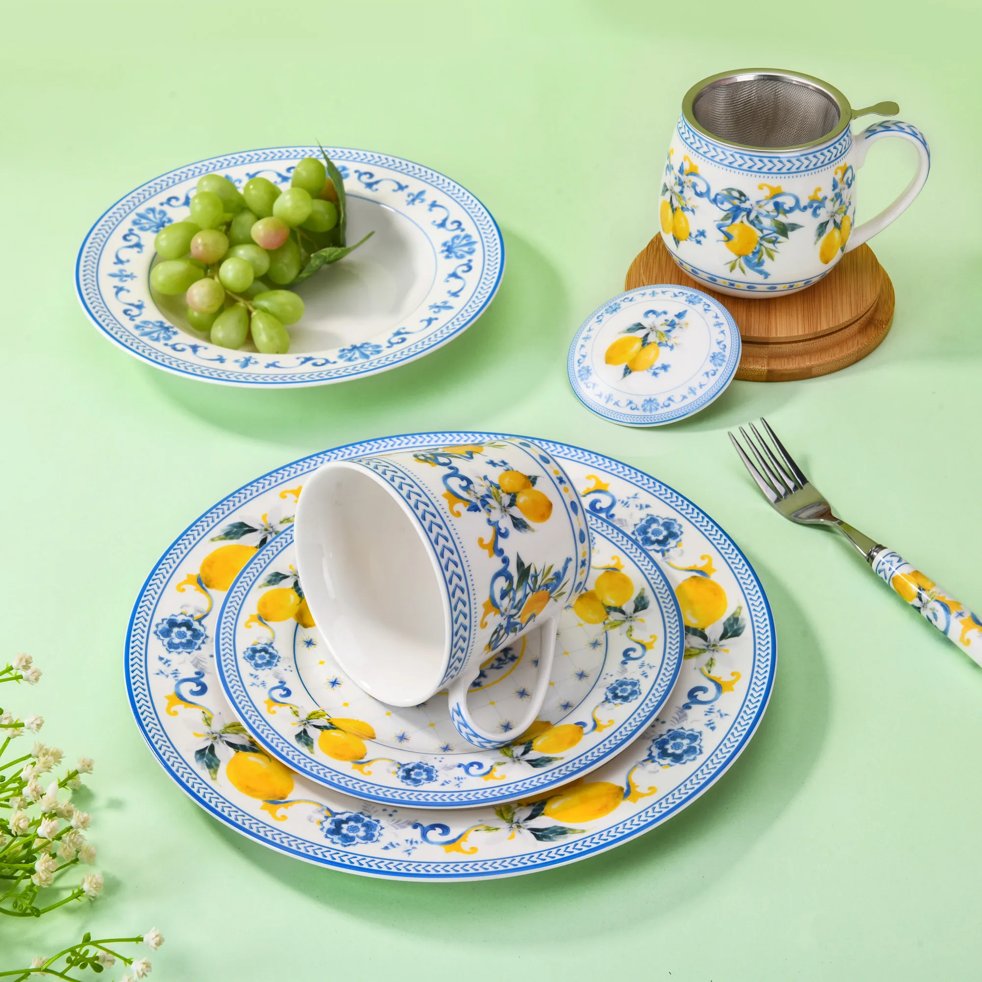 Steak Salad Fruit Food Dessert Creative Home Kitchen Gift Bowl Cup Mug Tableware Lemon Decal Ceramic Plate Dinnerware Dishes Set