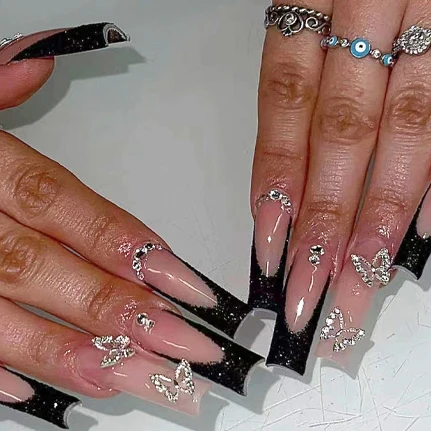 New Variety Of Styles Global Hot Selling French Press On Nails Silver Deer Grace Pink Glittery Long False Nails with Deer Charm