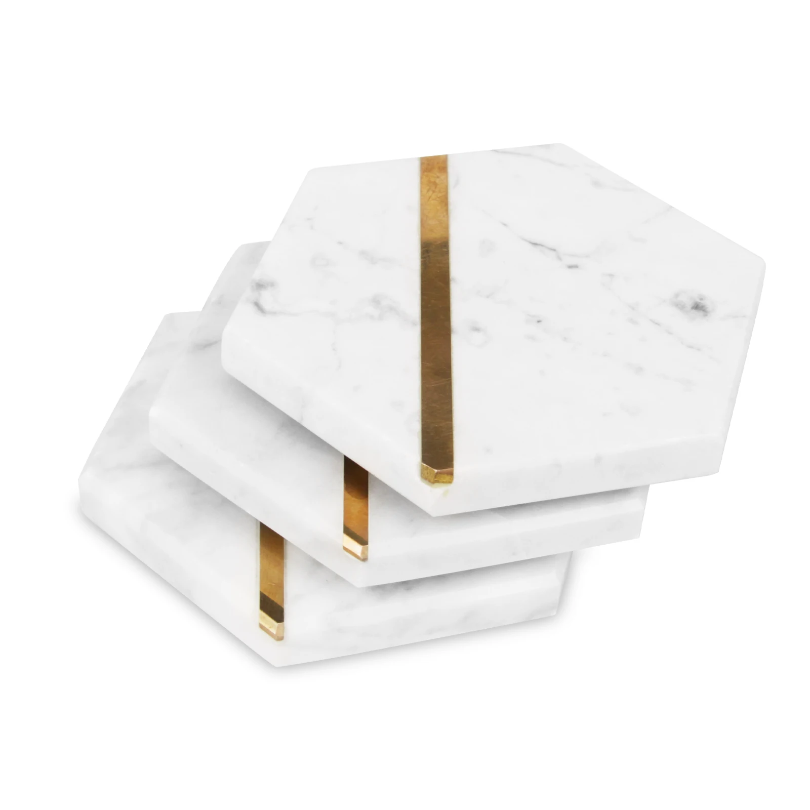 Wholesale Customised Record Logo White Grey Golden Line Hexagonal Beer Cup Drinks Beach Kitchen Nature Stone Marble Coaster Set