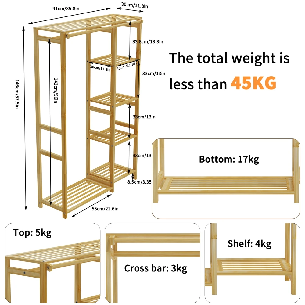 Bamboo Clothes Rack Organizer: Clothing Hanging Stand Wardrobe Closet  6 Tier Storage Shelves for Living Room Bedroom Entryway