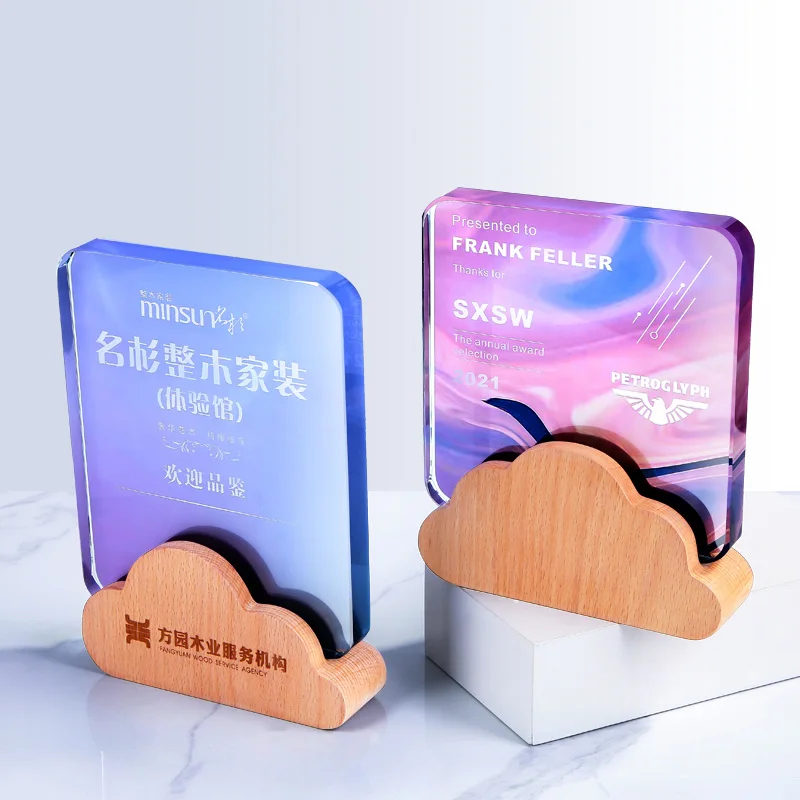crystal logo custom crystal trophy Desk decoration The sitting room place award trophy Solid wood trophy glass award