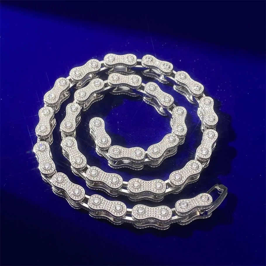Hip Hop Rock Real Gold Silver Color Icy Cz Moissanite Bicycle Motorcycle Chain Necklace