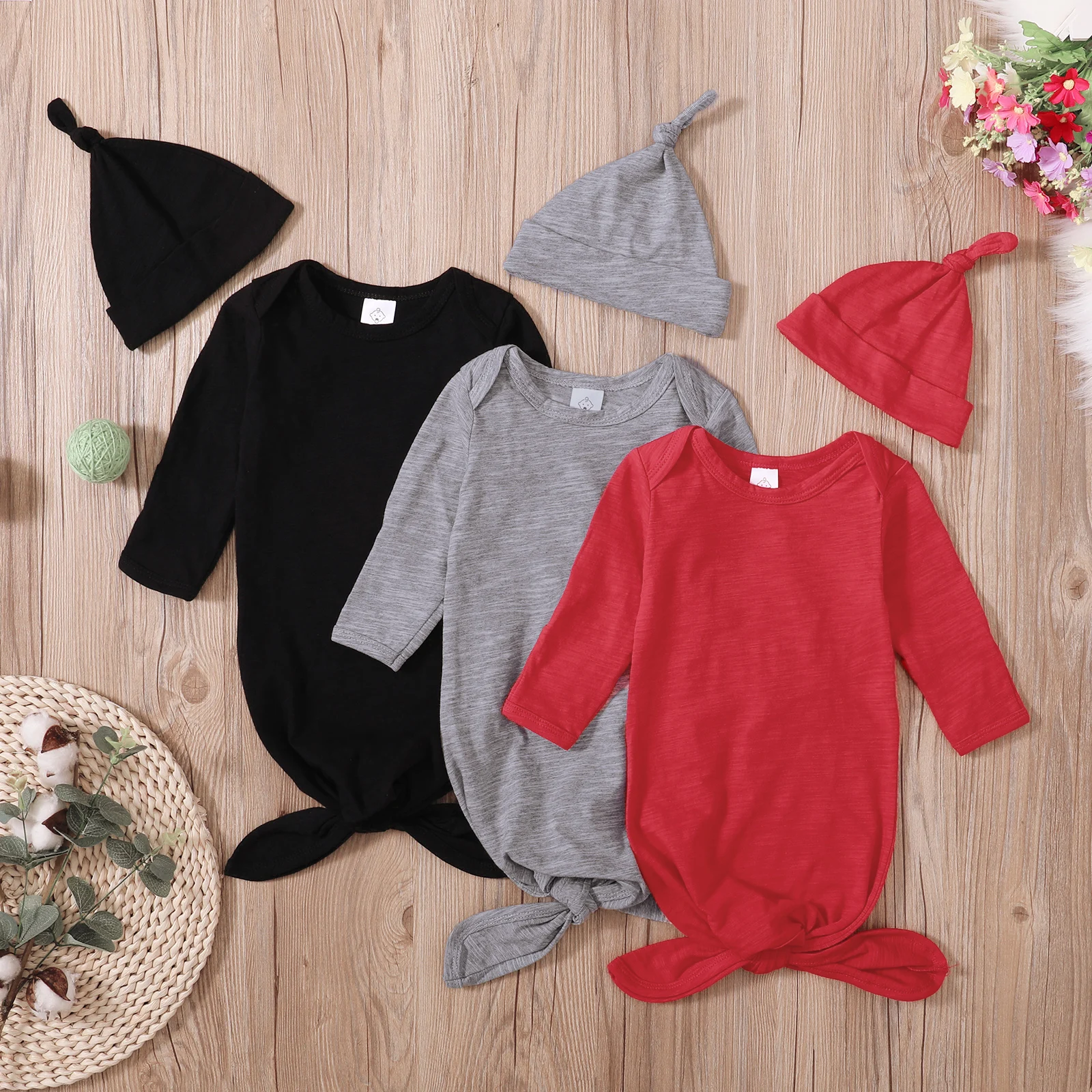 Manufacturer Custom Unisex  Cotton Knotted Plain Kids Boy Girl Baby Grown Clothe Romper set