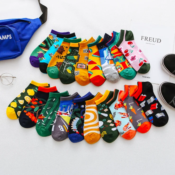 Hot Sale Fashion Harajuku Fruit Funny Novelty Premium Combed Cotton Casual Unique Odd AB Ankle Socks for Men Women